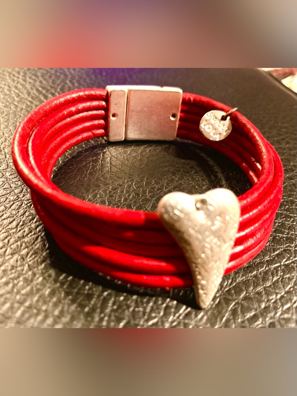 Red Multi-Strand Leather Bracelet with Silver Heart Charm